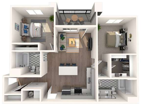 A 3D floor plan of a small apartment with a kitchen, living room, and bathroom.