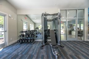 Apartments for Rent Sacramento CA - Sixty58 - Fitness Center with Weights and Blue Carpeting
