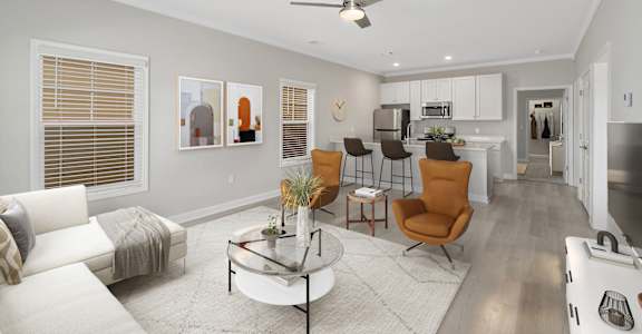 a living room with a couch and a table