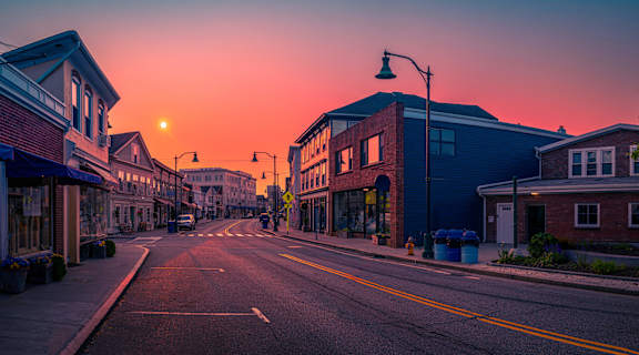 A street view of a town with buildings on both sides and a sunset in the background.