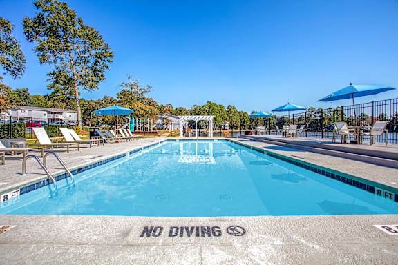 A pool with a "No Diving" sign painted on the ground.