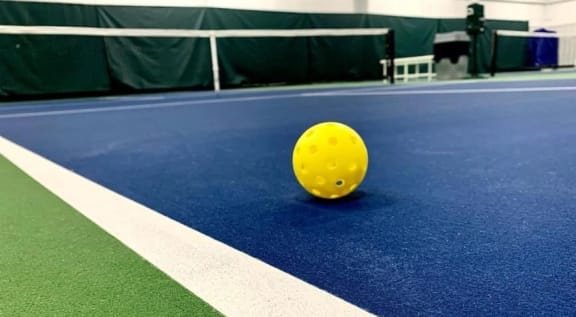 a yellow ball on a tennis court at Schaefer Ridge Apartments, Branson