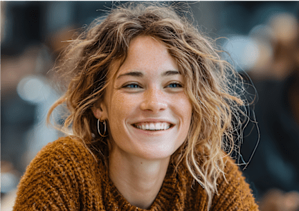 A woman with curly hair and a brown sweater is smiling.