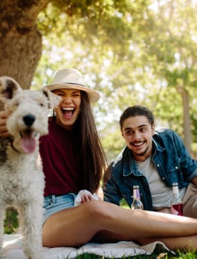 a group of friends sitting in the park with a dog