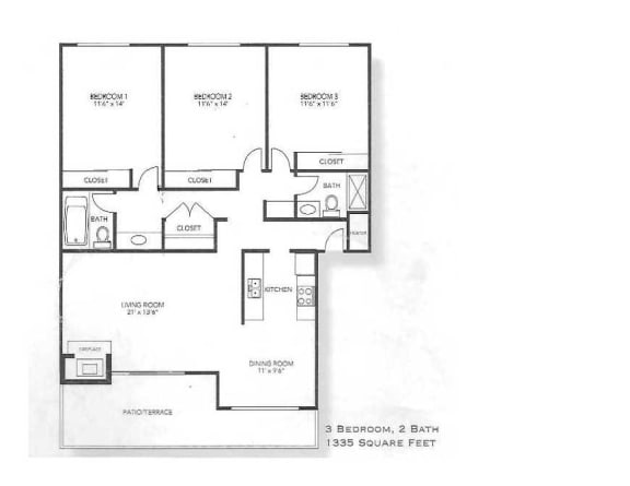 Floor Plan  3 Bedroom floor plan for Sylvan Square Apartments