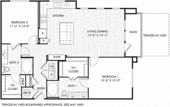 The Howley + Yard. 2 bedroom apartment. Kitchen with island open to living/dinning room. 2 full bathrooms, double vanity in master. Walk-in closets. Patio/balcony open to fenced in yard.