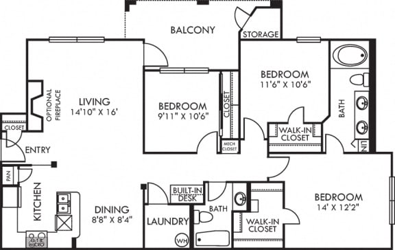 Roanoke. 3 bedrooms. Kitchen with bartop open to living/dinning rooms. 2 full bathrooms, double vanity in master. Walk-in closets. Patio/balcony with storage. Optional fireplace.