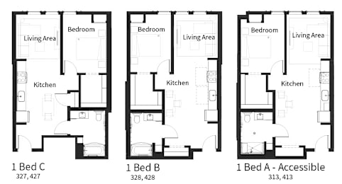 Floor Plan  Three floor plans for 1 Bed C, 1 Bed B and 1 Bed A - Accessible.