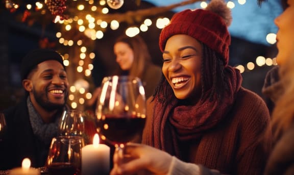 a group of people laughing and drinking wine at a christmas party