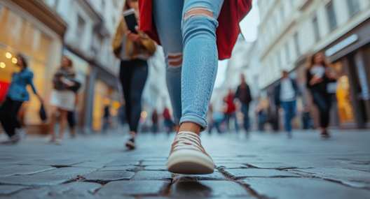 A person in blue jeans and white sneakers is walking down a street.