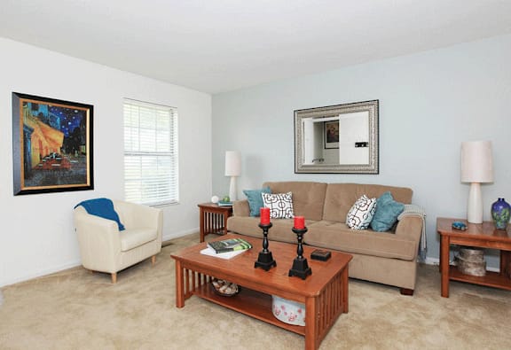 Furnished living room with a sofa and coffee table in an apartment at Red Coach Village
