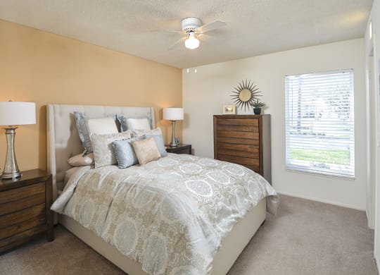 Spacious Bedroom with Plush Carpeting and Large Window