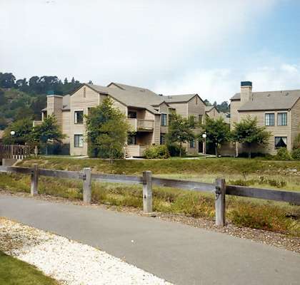 A row of houses with a wooden fence in front.