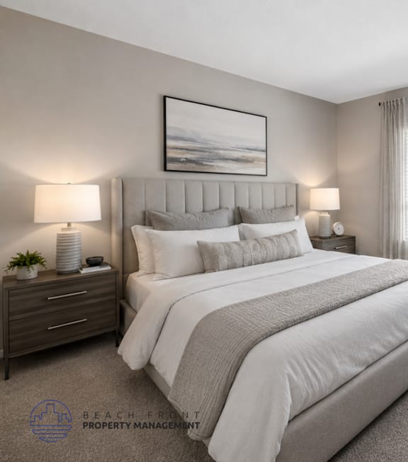 A well-lit bedroom with a large bed and a painting on the wall.