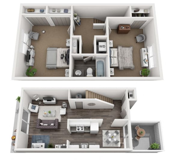 a stylized floor plan of a two bedroom apartment called the San Juan.