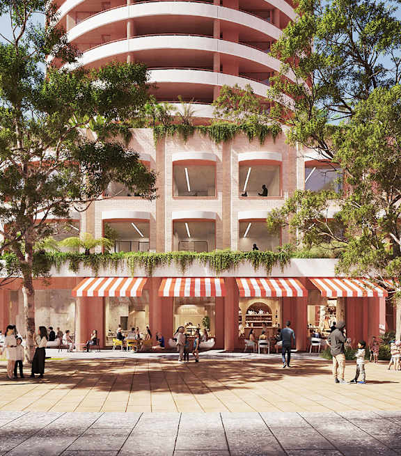 A modern building with a red and white striped awning in front of it.