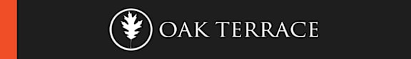 A logo with a leaf in a circle and the words "OAK TERRACE" next to it.