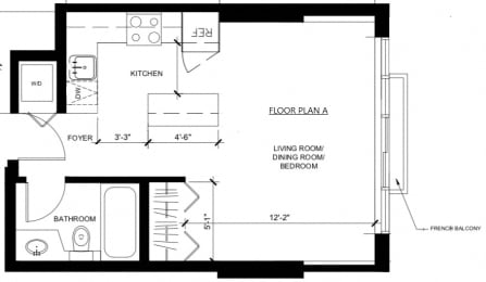 Studio apartment + 1 bathroom floor plan at Wesley Place apartment in Vancouver, British Columbia