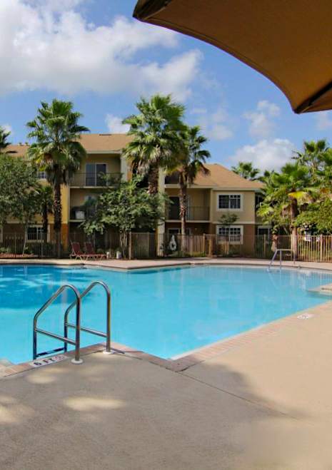 A swimming pool surrounded by palm trees and a building in the background at San Marco Apartments, Ormond Beach, FL, 32174