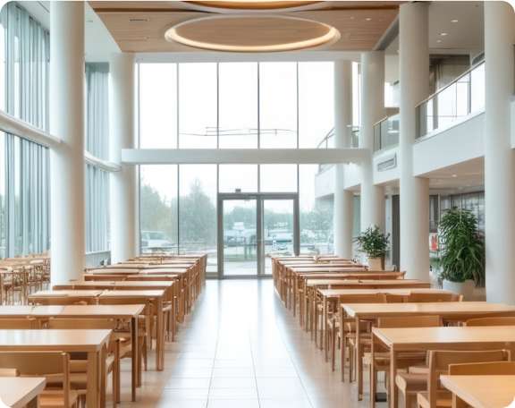 A large room with tables and chairs and a lot of windows.