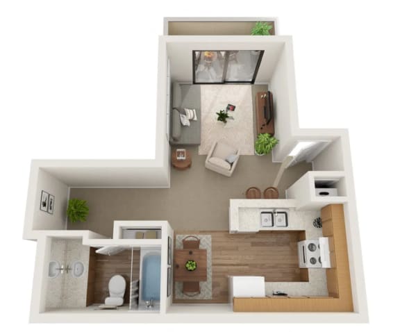 Furnished floor plan of a studio apartment home which includes a full bath and open concept living area