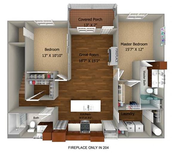 2 Bedroom/2 Bath (1266 sf) Floor Plan at Cedar Place Apartments, Wisconsin