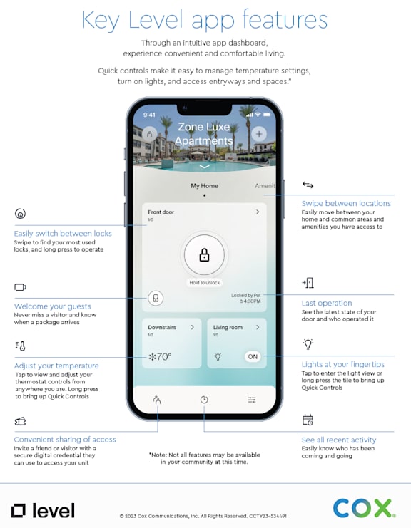 A smartphone displaying the Zone Lux Apartments app interface with various control options.