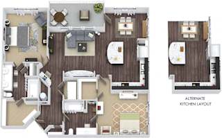 Cary 3D. 2 bedroom apartment. Kitchen with island open to living/dinning rooms. 2 full bathrooms, double vanity in master. Walk-in closets. Patio/balcony.