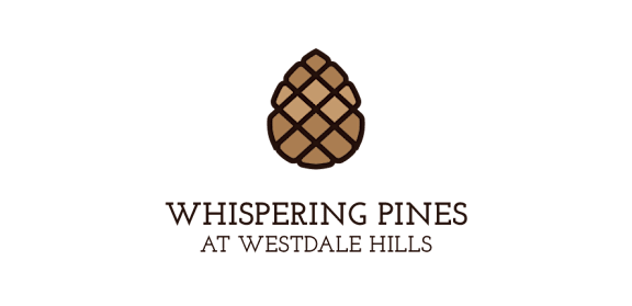 A brown pine cone logo with the words Whispering Pines at Westdale Hills.