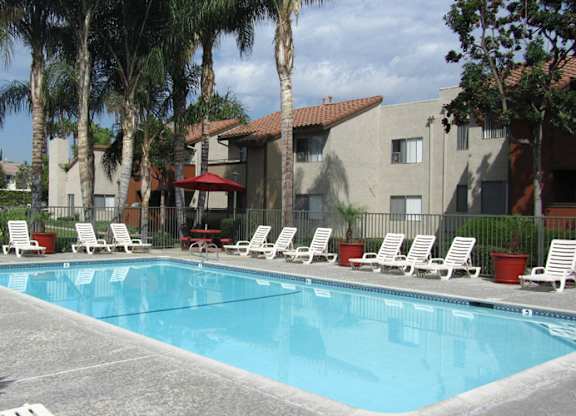 Sparkling pool and spa at The Oaks Apartments, Upland, 91786