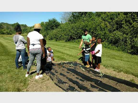 A group of people are standing in a field.