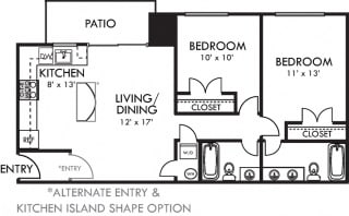 The Mariner Mariner 2 bedroom apartment. Kitchen with island open to living-dining. full hall bath. 1 master bath. large closets.