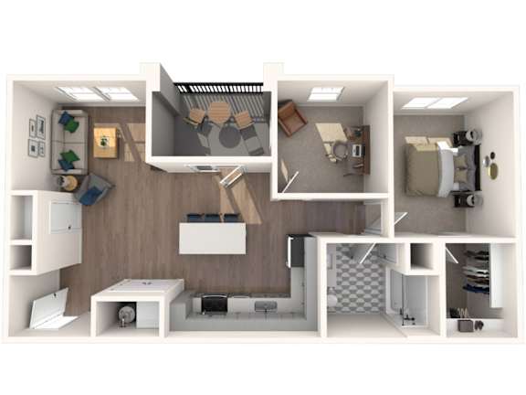 A series of images showing different layouts of a small apartment.