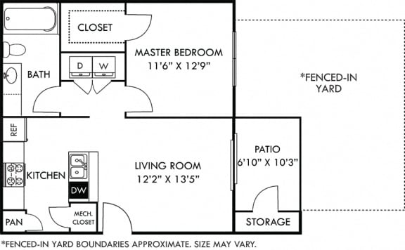 Benson with Fenced-in Yard 1 bedroom apartment. Kitchen with bartop open to living room. 1 full bathroom. Walk-in closet. Patio/balcony with storage, & yard.