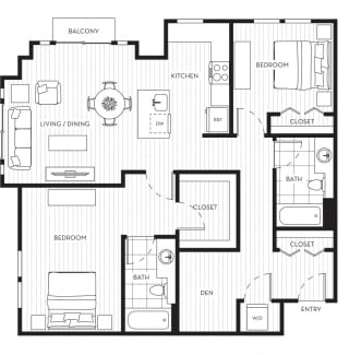 Lux Apartments Floor Plan Two Bedroom Two and a Half Bathroom With Den A