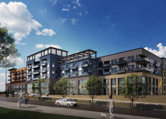 a rendering of an apartment building with people walking on the sidewalk