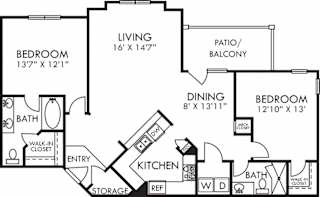Belmont. 2 bedroom apartment. Kitchen with bartop open to living/dinning rooms. 2 full bathrooms, double vanity in master, shower stall in guest. Walk-in closets. Patio/balcony.