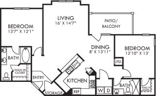 Belmont. 2 bedroom apartment. Kitchen with bartop open to living/dinning rooms. 2 full bathrooms, double vanity in master, shower stall in guest. Walk-in closets. Patio/balcony.