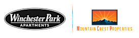 The image shows a logo for Winchester Park Apartments on the left and an abstract mountain landscape with a sunset on the right.