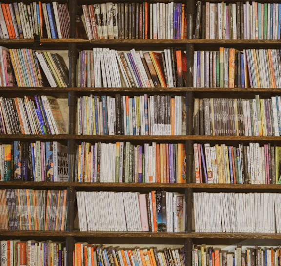 A bookshelf filled with a variety of books.