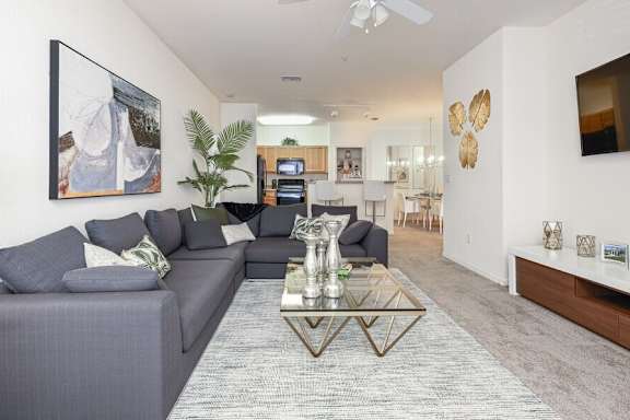 A living room with a grey couch and a glass coffee table.