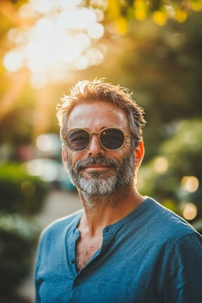 A man with sunglasses and a beard is standing outdoors.