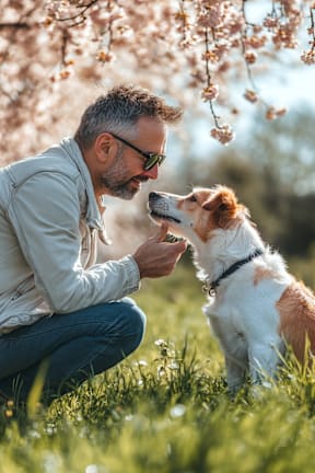 a man is petting his dog in the grass