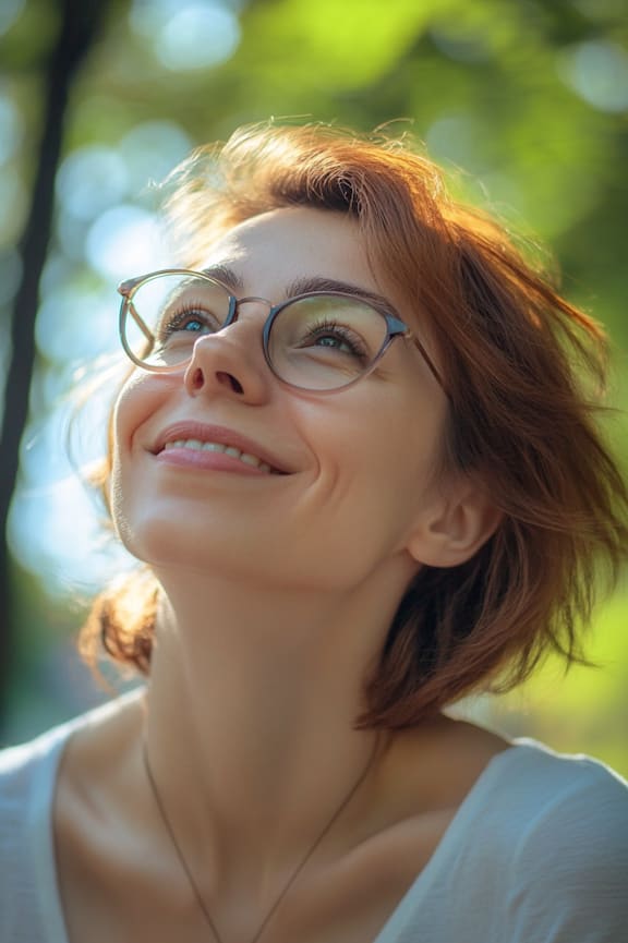 A woman with glasses and short hair is looking upwards.