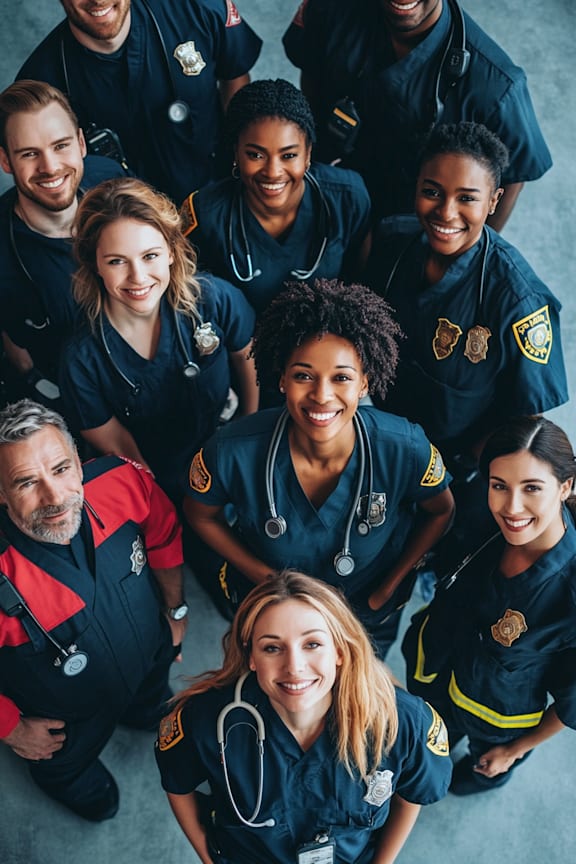 A group of people in navy blue uniforms with badges and a stethoscope.