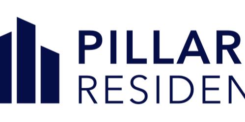 The image is a logo for Pillar Residential, featuring a stylized building graphic to the left of the text.