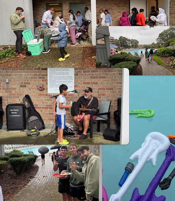 A collage of various images including people, a guitar, a microphone, and a pool.