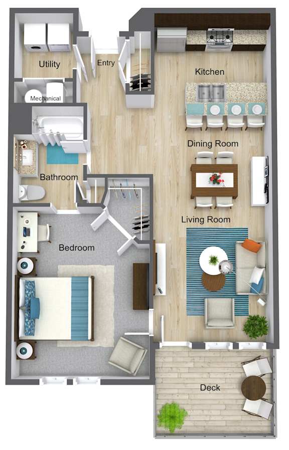 A floor plan of a house with a deck and a living room.