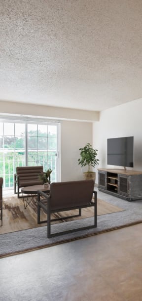 a living room and dining room with a table and chairs