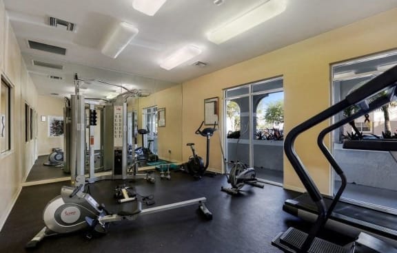Fitness center with mirrors and rowing machines